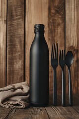 Sleek Black Reusable Bottle Paired with Foldable Stainless Steel Utensils Mockup in a Natural Wood Setting 
