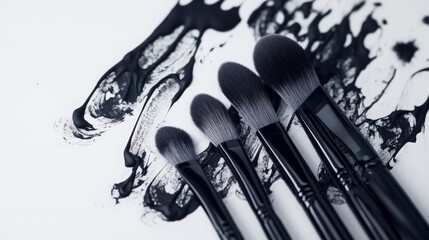 Sleek Dark Makeup Brushes Set on a White Surface with Abstract Black Ink Blots 