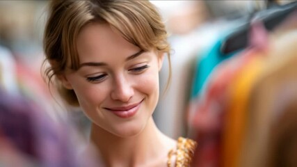 A Serene Young Woman With a Joyful Smile and Bright Eyes Engages in a Delightful Retail Shopping Experience, Indicating Contentment While Browsing Various Clothing Items.