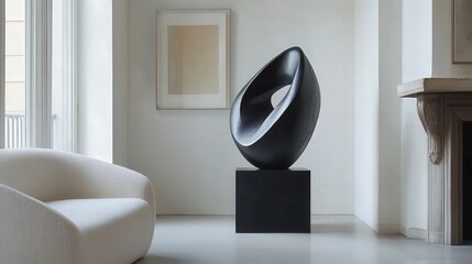 Sleek Matte Black Abstract Sculpture Displayed in a Minimalist White-Walled Living Space 