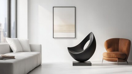Sleek Matte Black Abstract Sculpture Displayed in a Minimalist White-Walled Living Space 