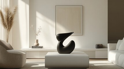 Sleek Matte Black Abstract Sculpture Displayed in a Minimalist White-Walled Living Space 