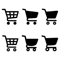 Shopping Carts:  A set of six black shopping cart icons isolated, ideal for e-commerce, retail and online shopping design.