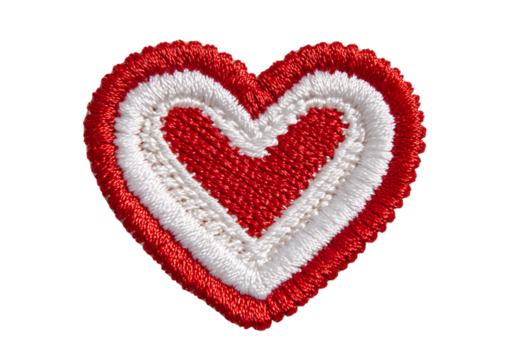 Red and white embroidered heart patch valentines day love symbol,On Transparent Background, Isolated on white