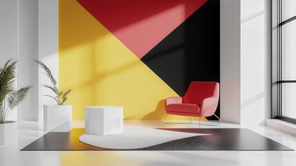 Sleek Modern Room Decorated with Angular Shapes in Primary Colors Against a Monochrome Black and White Backdrop 