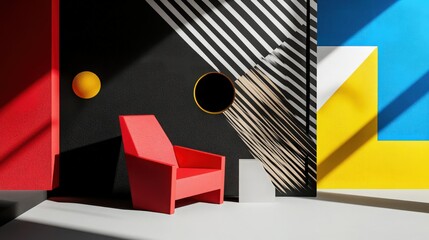 Sleek Modern Room Decorated with Angular Shapes in Primary Colors Against a Monochrome Black and White Backdrop 