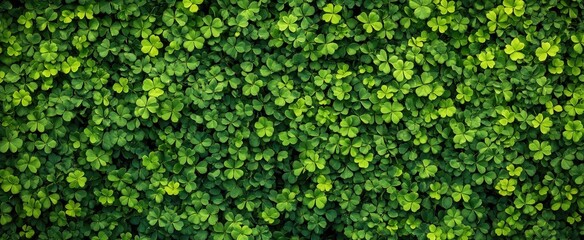 Top view of green clover leaves pattern background for St. Patrick's Day celebration banner, panorama.