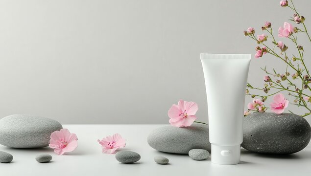 Photo of a white tube mockup with pink flowers and gray stones on a light gray background, in a flat lay. Space for text. On the right side is an empty space to add your own product or service details