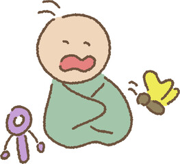 장난감과 울고 있는 갓난 아기