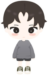 The boy wears a long-sleeved shirt and shorts, and sneakers