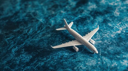 Small White Aircraft Miniature Placed on a Richly Textured Blue Surface
