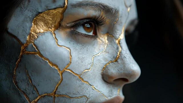 Profile of a woman's face with kintsugi-style golden cracks.
