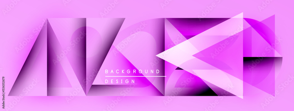 Poster Abstract pink geometric shapes create dynamic background. Modern design features layered triangles, gradients, text elements.