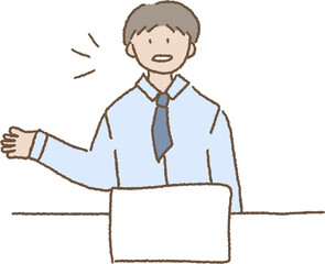 테이블 앞에서 프레젠테이션 연설하는 직장인 남성