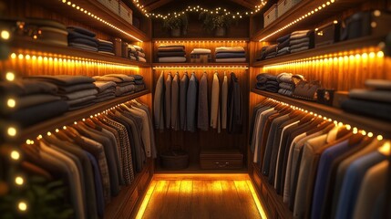 Fototapeta premium Luxurious, lit wooden closet with clothes