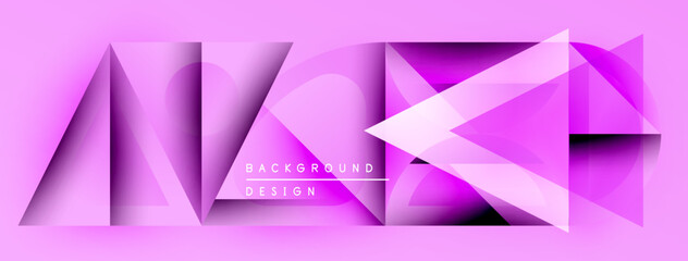 Abstract pink geometric shapes create dynamic background. Modern design features layered triangles, gradients, text elements.