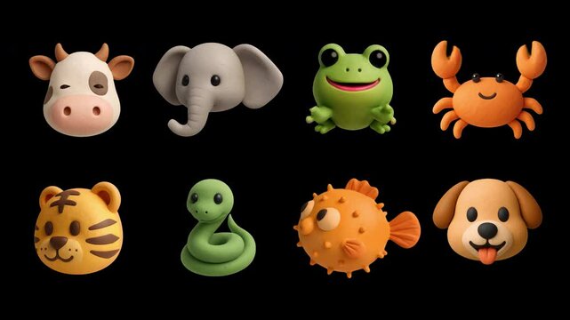 Cute animal emoji icons animation isolated asset, transparent 4K video, alpha channel, ProRes 4444 set