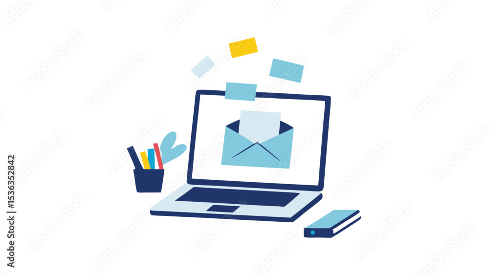 Poster receiving email and boosting productivity with remote work tools on a laptop with flat vector