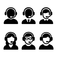 Customer Support Representatives Icons: A diverse set of stylized icons depicting customer service representatives, each wearing a headset and ready to assist.