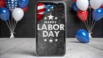 Labor Day on the Smartphone: A patriotic message for Labor Day is creatively displayed on a smartphone screen, with surrounding balloons adding to the celebratory ambiance.