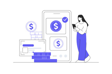 Woman Character paying online and receiving bonus money or reward back on credit card. Cashback, financial savings and money exchange concept. Flat Cartoon Vector Illustration, icon. Stylish abstract