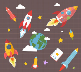 space-themed elements planets, rockets, stars cute