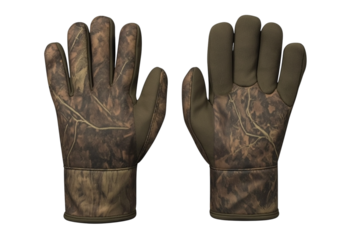 Camouflage hunting gloves displaying palm and back surfaces against transparent backdrop