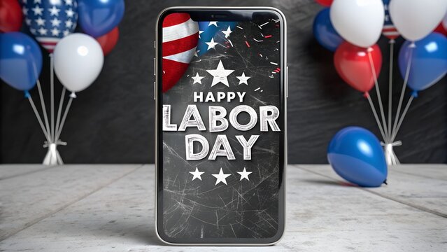 Labor Day on the Smartphone: A patriotic message for Labor Day is creatively displayed on a smartphone screen, with surrounding balloons adding to the celebratory ambiance. - Powered by Adobe