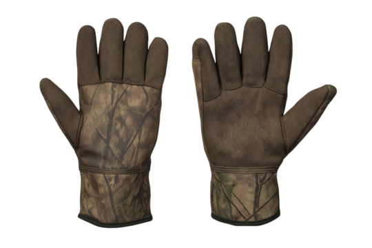 Camouflage hunting gloves displaying palm and back surfaces against transparent backdrop