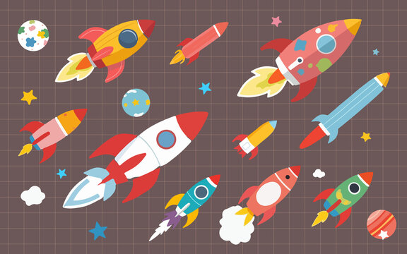 space-themed elements planets, rockets, stars cute 2