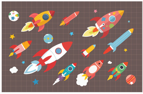 space-themed elements planets, rockets, stars cute 2
