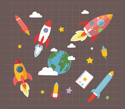 space-themed elements planets, rockets, stars cute