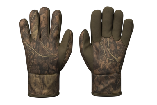 Camouflage hunting gloves displaying palm and back surfaces against transparent backdrop