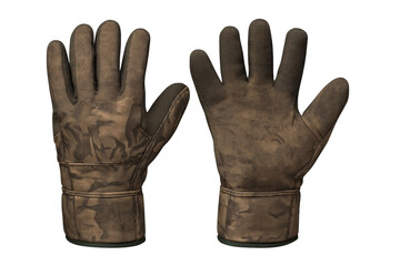 Camouflage hunting gloves displaying palm and back surfaces against transparent backdrop