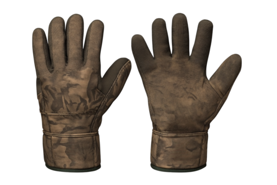 Camouflage hunting gloves displaying palm and back surfaces against transparent backdrop