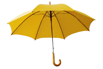 Vibrant yellow umbrella isolated on transparent background — high-resolution PNG cutout ideal for weather app icons, rainy-day graphic design, e-commerce product mockups, and travel blog illustrations