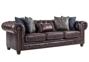 Luxurious brown leather chesterfield sofa with decorative pillows,On Transparent Background, Isolated on white