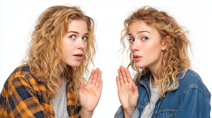 Two women in a fierce game of rock-paper-scissors on a white background, competitive tension