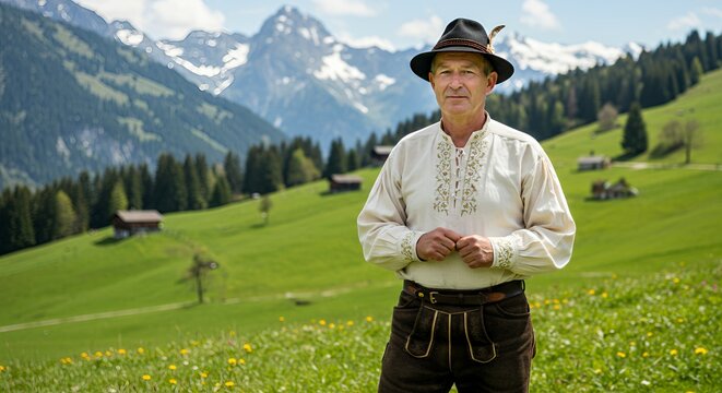 Swiss Alps Farmer Portrait: Man in Traditional Clothing Against Mountainous Landscape