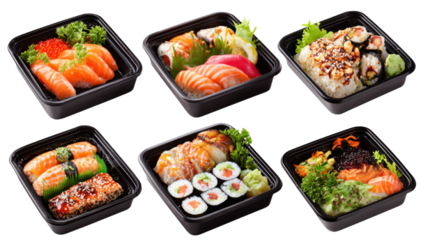 Assorted sushi in takeout containers