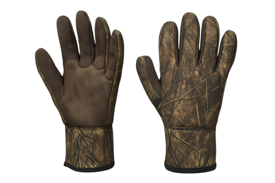 Camouflage hunting gloves displaying palm and back surfaces against transparent backdrop