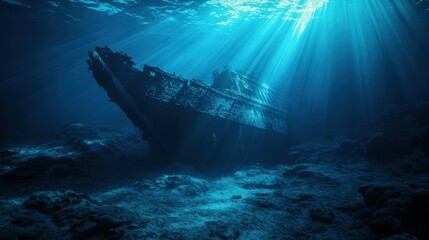 Sunken Shipwreck Resting on the Ocean Floor, Illuminated by Piercing Sunbeams Through Deep Blue Waters