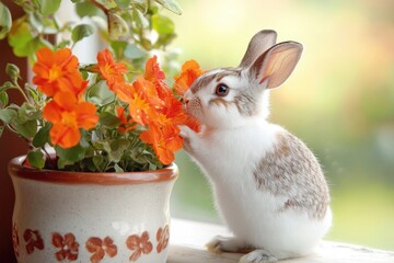 Sweet Rabbit Tending to Vibrant Tangerine Flowers in a Ceramic Flowerpot