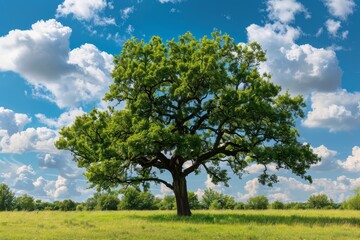 Fototapeta premium Lush green tree in a grassy field under a partly cloudy sky
