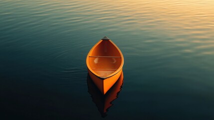 Tiny Bright Orange Canoe Drifting on a Deep, Shadowy Lake 
