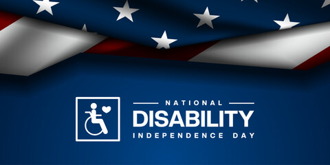 July Is National Disability Independence Day. American flag and disability icon. Suitable for posters, banners and social media. Blue background.