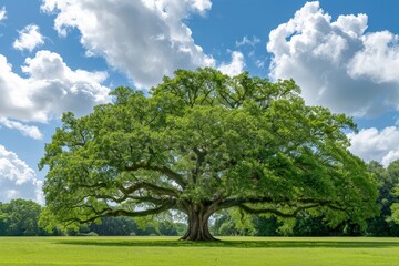 Fototapeta premium Majestic oak tree in a grassy field under a partly cloudy sky (2)