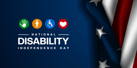 July Is National Disability Independence Day. American flag, hand, disability icon and heart. Suitable for posters, banners and social media. Blue background.