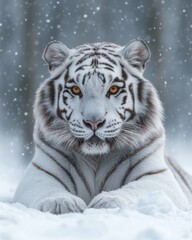 Majestic white tiger in snowy forest