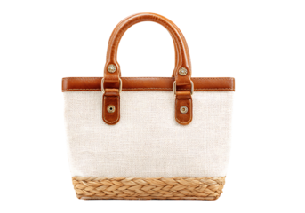 Elegant off-white tote bag with brown leather accents and raffia trim,On Transparent Background, Isolated on white